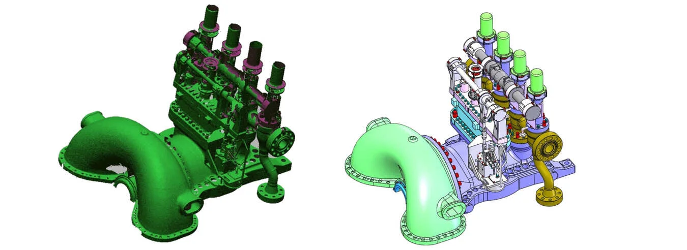 A detailed 3D scan and the final CAD assembly model of a large industrial engine and pump system, used for reverse engineering.