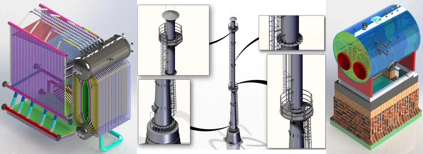 Detailed 3D engineering design models of a boiler, an industrial chimney with platforms, and a furnace assembly.