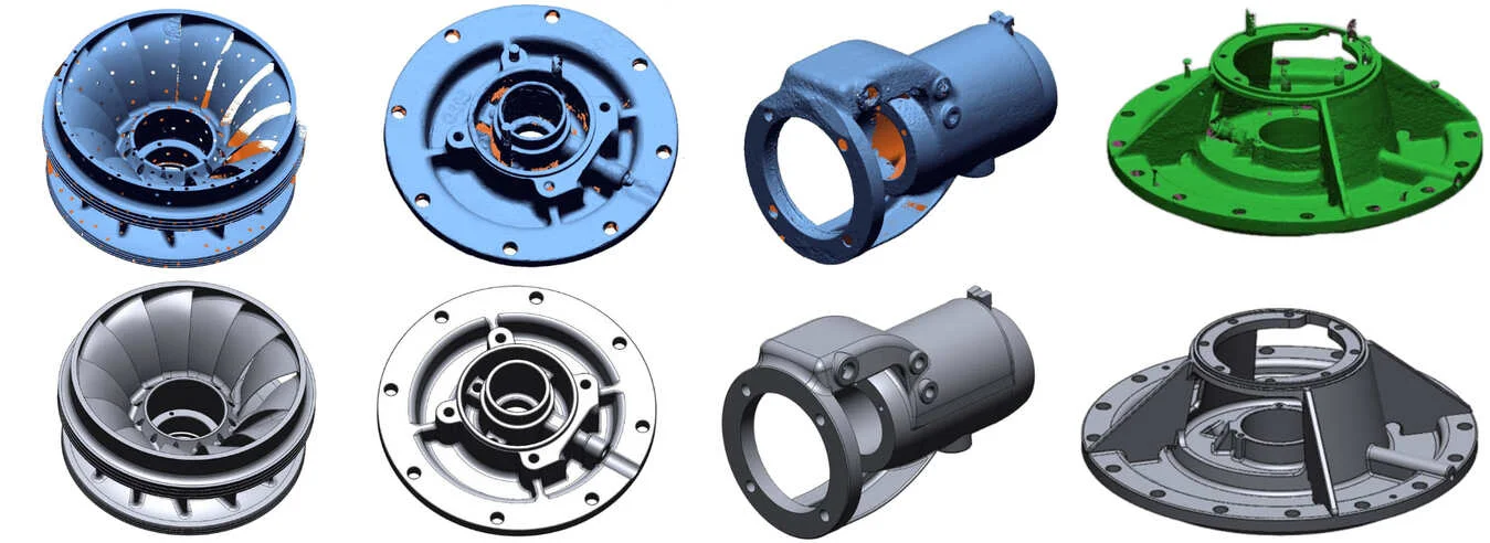 Four examples of the scan-to-CAD process for mechanical components, including an impeller, bearing housing, and flanged parts.