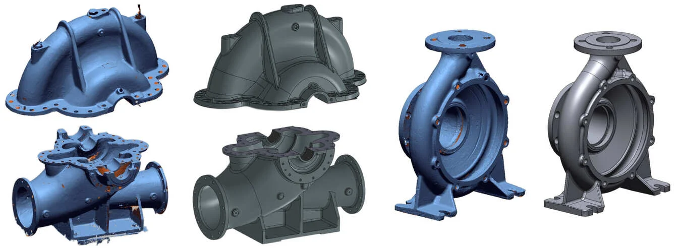 Collage showing the 3D scan data and final parametric CAD models of industrial pump casings and valve bodies, showcasing the reverse engineering process.